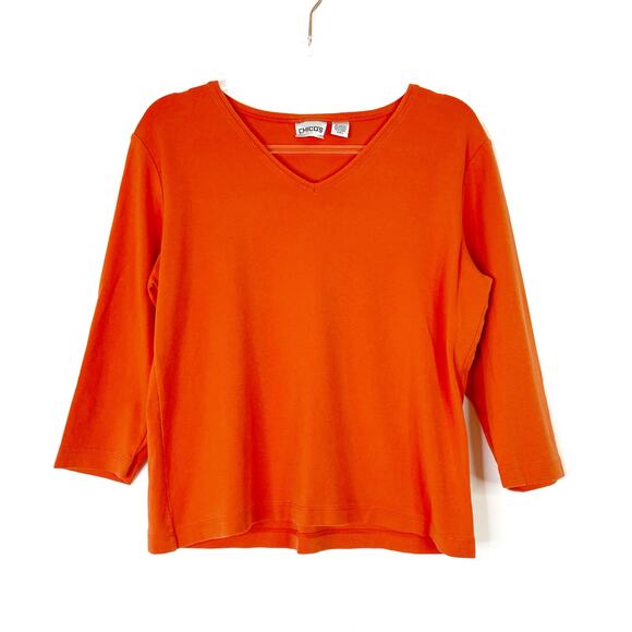 Chico's | Tomato Soup Color 3/4 Sleeve Tee Shirt V-Neck Chicos 2/ Womens Large - Picture 1 of 4